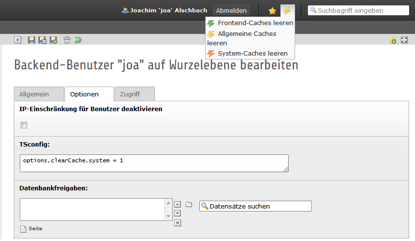 Option für TYPO3 System-Cache löschen einschalten 